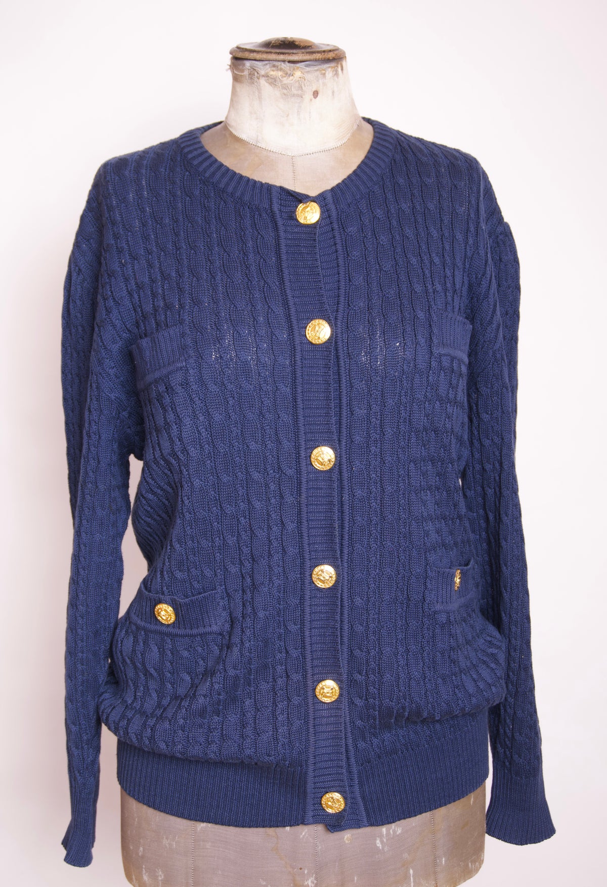Céline marinblå kabelstickad cardigan