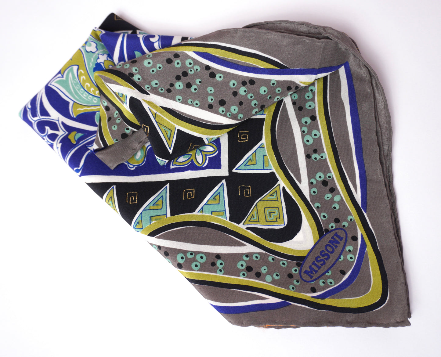 Missoni sidenscarf – grafisk scarf i blått, turkost och olivgrönt