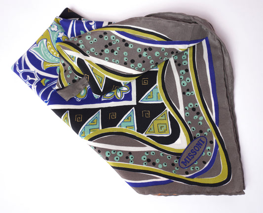Missoni sidenscarf – grafisk scarf i blått, turkost och olivgrönt