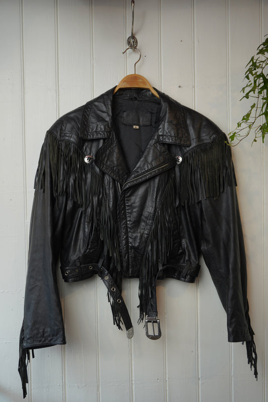 Svart skinnjacka med fransar – Vintage